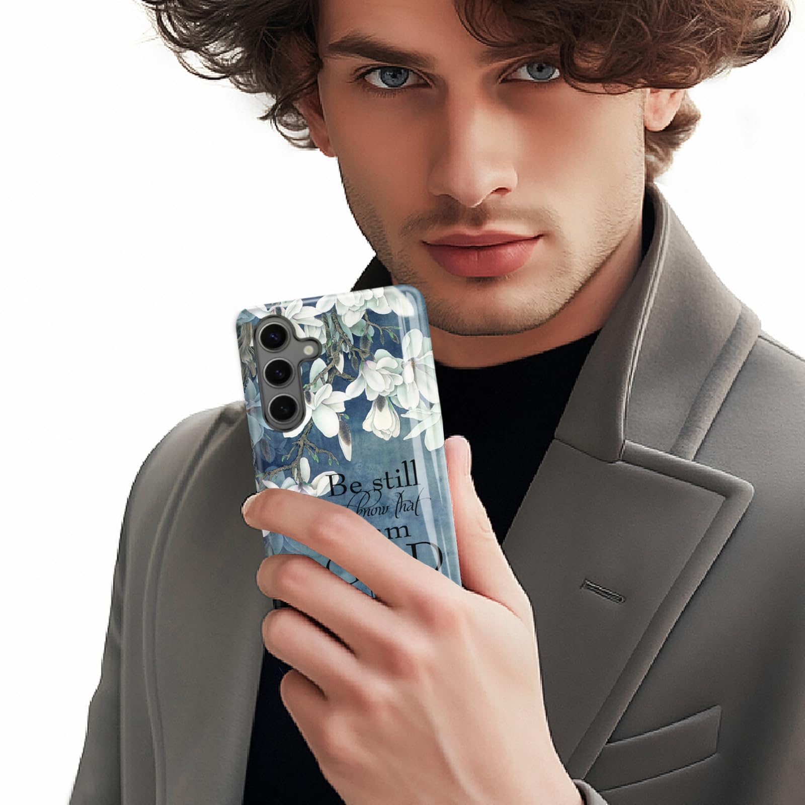 Funda Dual Guard para Samsung Galaxy S24 FE 5G, carcasa rígida de doble capa + funda de silicona 2 en 1, funda protectora a prueba de golpes, versículo bíblico Salmo 46:10, flores blancas