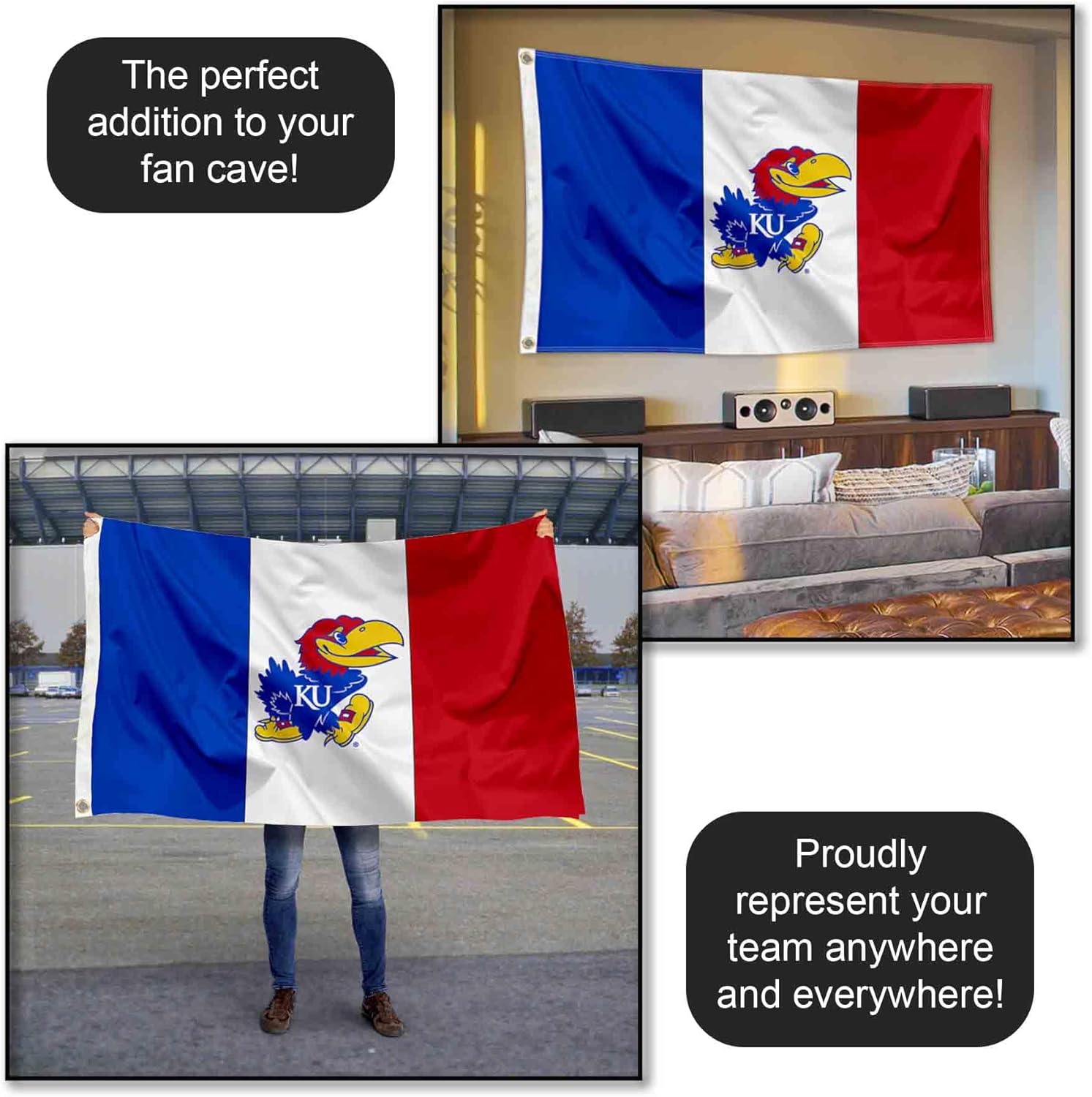 Kansas KU Jayhawks 3 Panel Flag