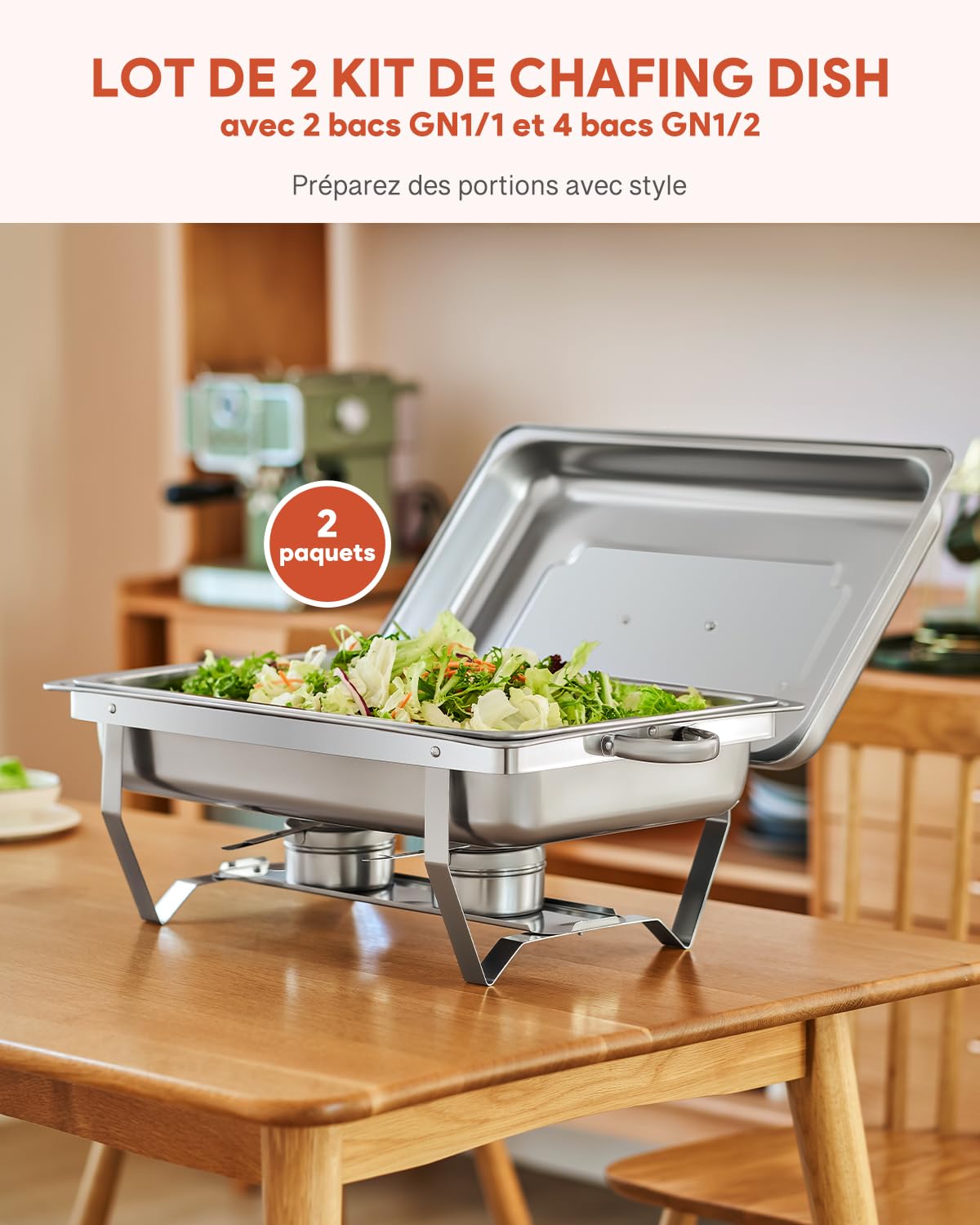 WILPREP Lot de 2 Chafing Dish Buffet 8,5L, Buffet Chauffant Chauffe Plat en Acier INOX Alimentaire avec Cadre Pliable (2×GN1/1+4×GN1/2)