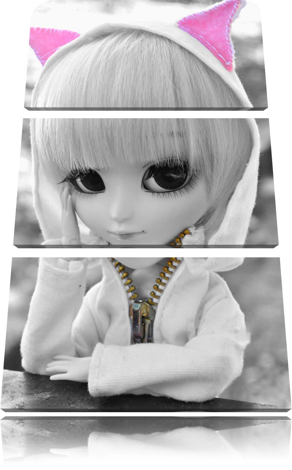 Pixxprint pretty Pullip Doll with Kitten Jacket black/white, Canvas picture 3 parts, total size: 120x80 cm, wall picture, ready stretched, art print