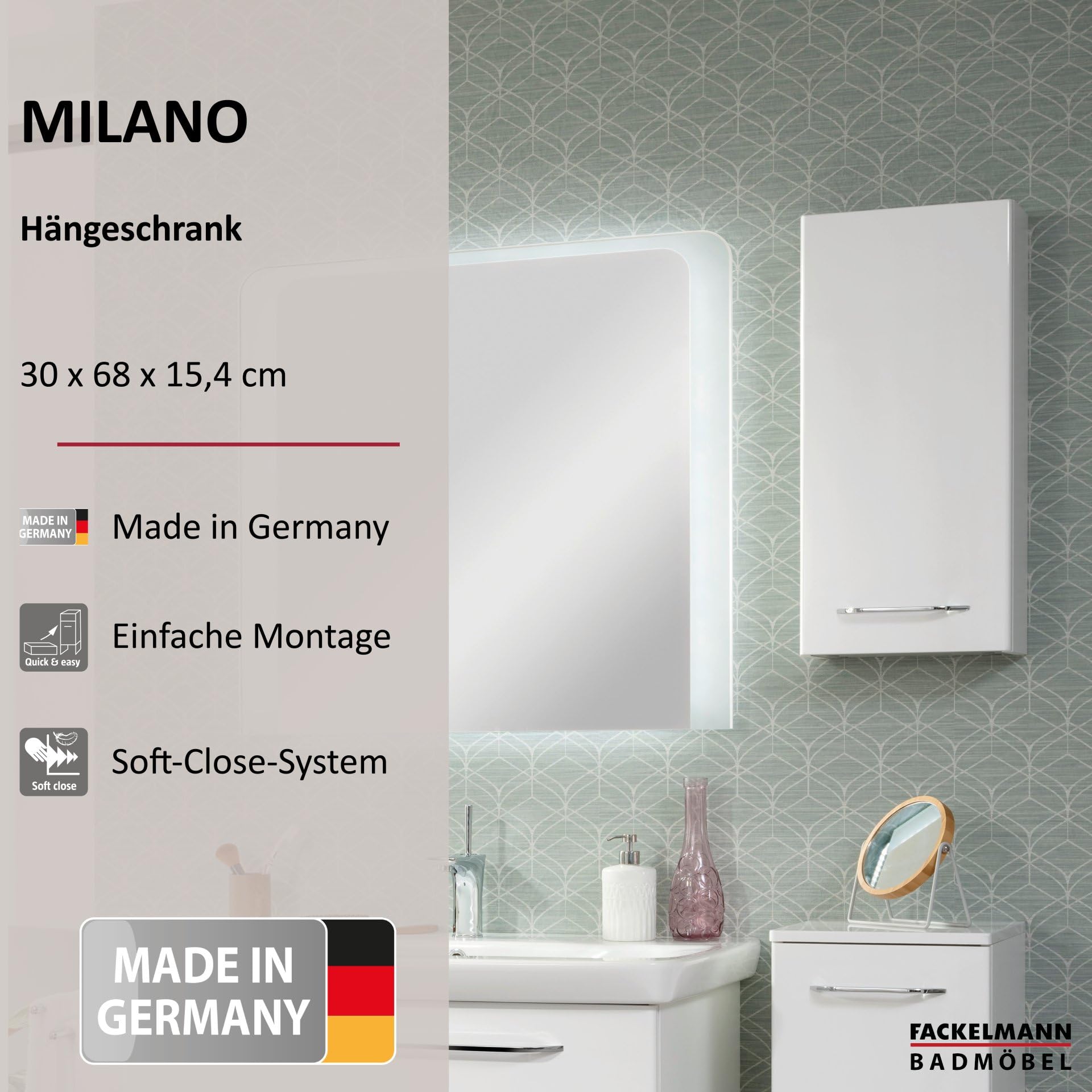 FACKELMANN Milano Hängeschrank mit Tür – Badezimmerschrank hängend mit 2 Einlegeböden fürs Badezimmer (30 cm x 68 cm x 15,4 cm) – Wandschrank in Weiß