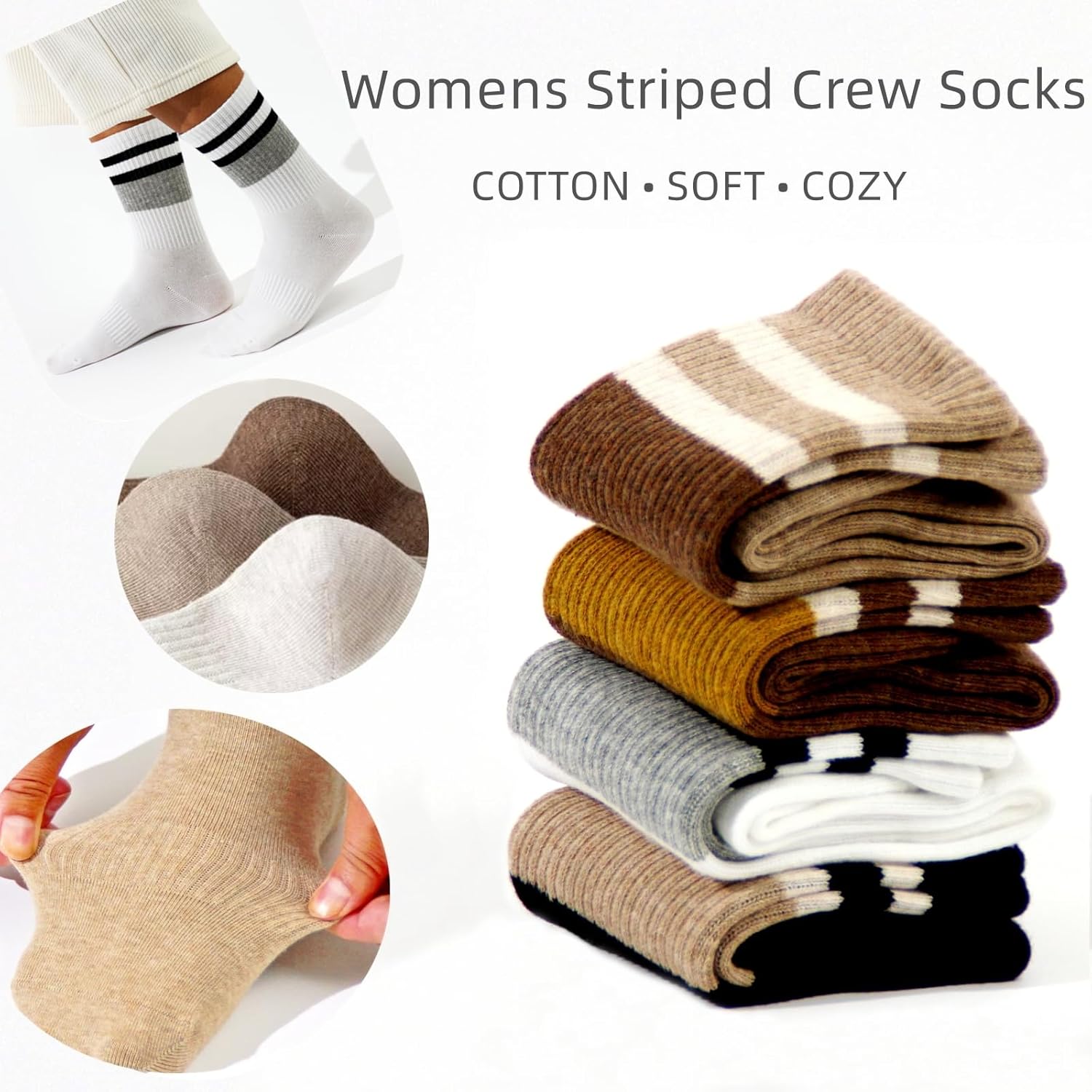 Womens Striped Crew Socks,Cotton Casual Cozy Athletic Calf Socks for Women Girls 4 Pairs, Size 5-10 - Image 4