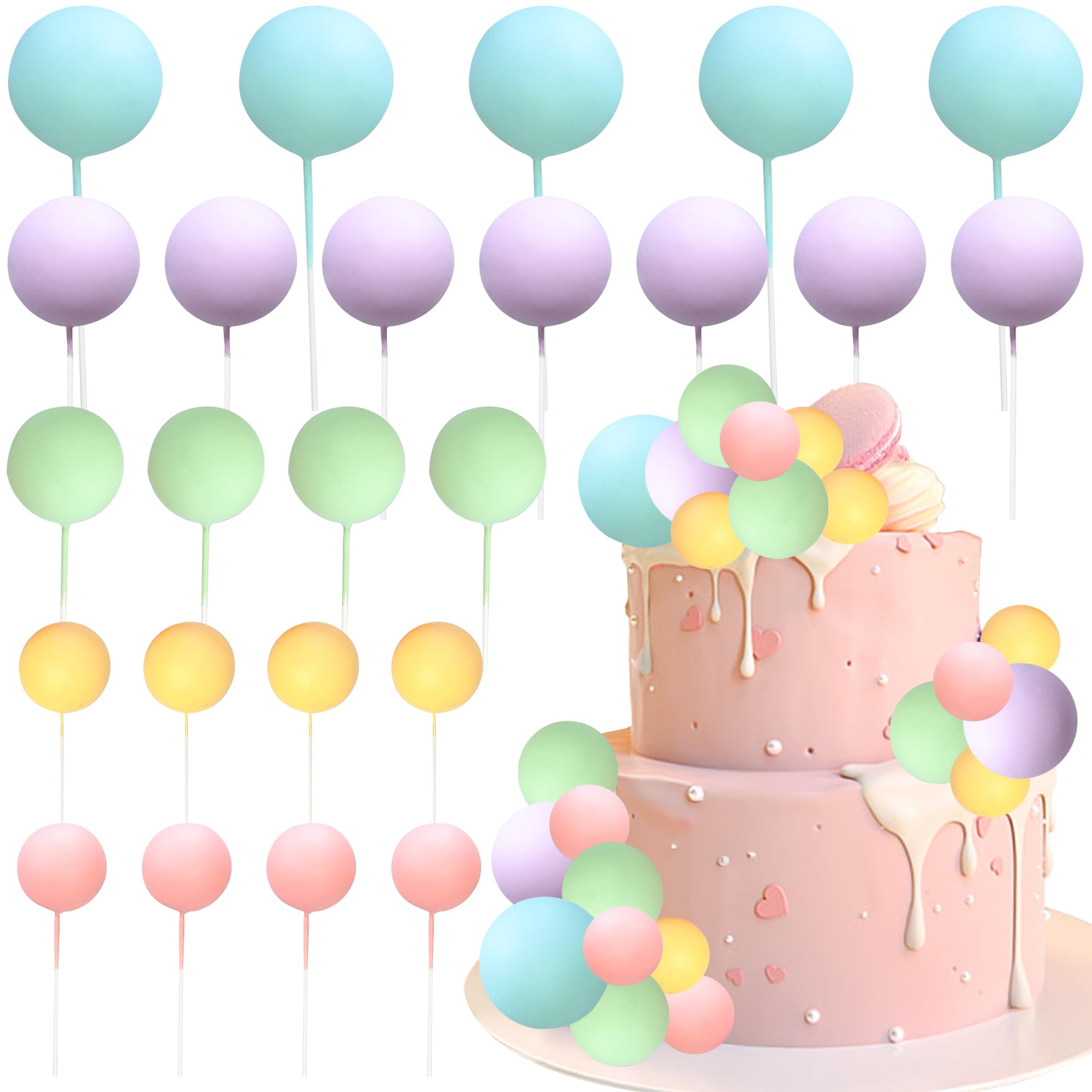 50Pcs Ball Cake Topper Sticks Mini Balloons Cake Decoration Foam Balls Cake Toppers for Gender Reveal Baby Shower Birthday Party Supplies Multicolor