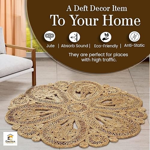 Vista 67 de GRUHUM Alfombra tejida a mano de yute redonda de 4 pies, de fibra natural, bohemia, suave, trenzada, rústica, vintage, beige, reversible, ecológica