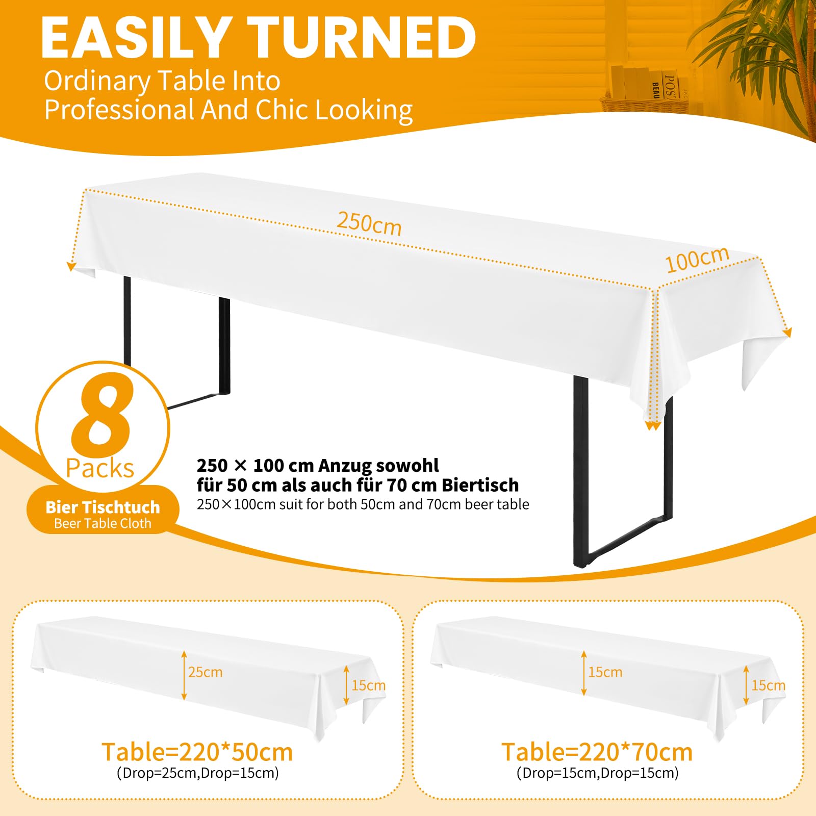 Pesonlook Paquete de 8 manteles de mesa de cerveza, color blanco, mantel universal para mesa de cerveza de 50 cm y 70 cm, mantel rectangular de poliéster lavable para fiestas al aire libre o banquetes