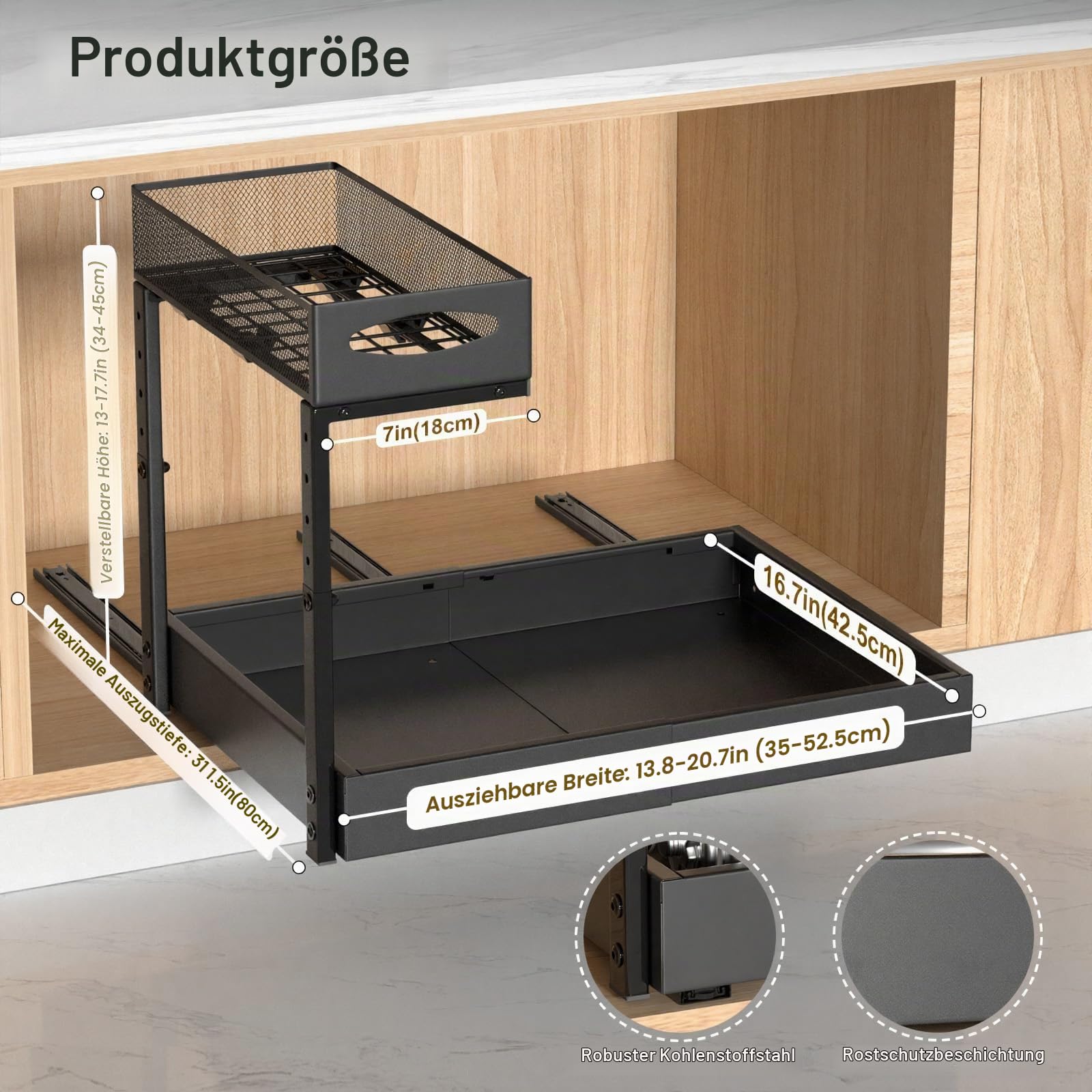 Housolution Unter Waschbecken Spüle Organizer Unterschrank Regal | Breite von 35 bis 50 cm Erweiterbar, Höhe von 34 bis 45 cm Verstellbar, 2-stöckiges Design