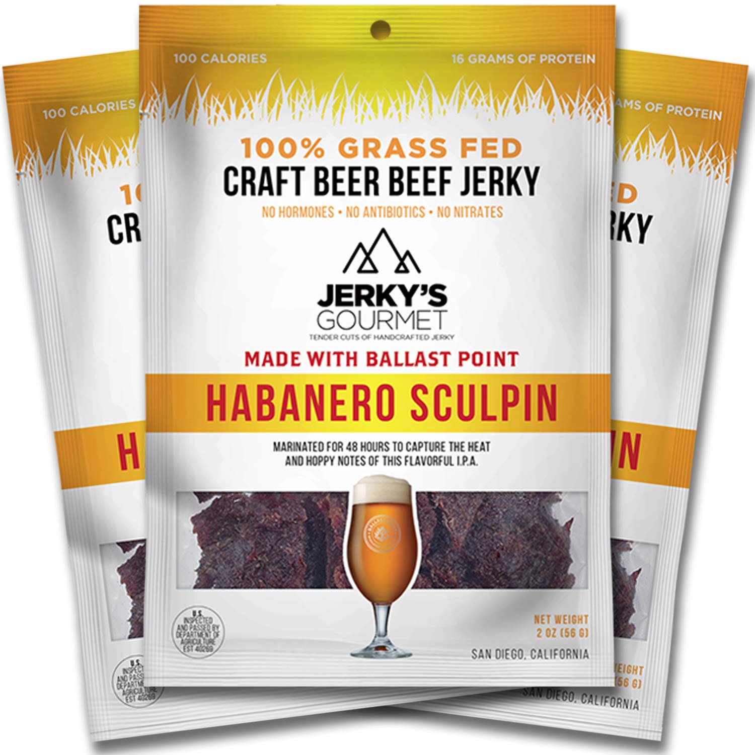 Habanero Sculpin Craft Beer Grass Fed Beef Jerky - 100 Calorie Snacks, Gourmet, Healthy Low Carb, High Protein - Keto Friendly (3 Packs)