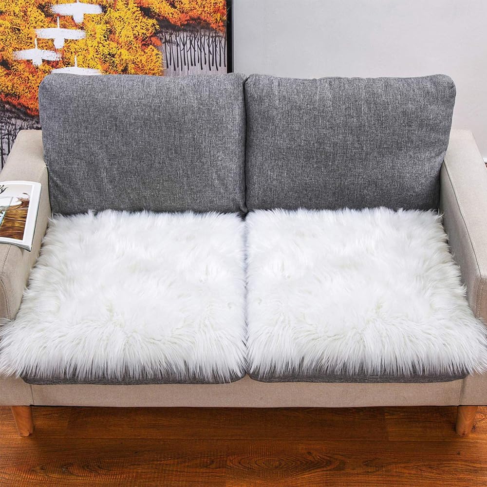 ZuTKekon Faux Fur Sheepskin Square Chair Cover Seat Cushion Pad, Luxurious Wool Area Rugs Fluffy Floor Mat for Living Sofa, Photographing Background Office Home Decor Carpet