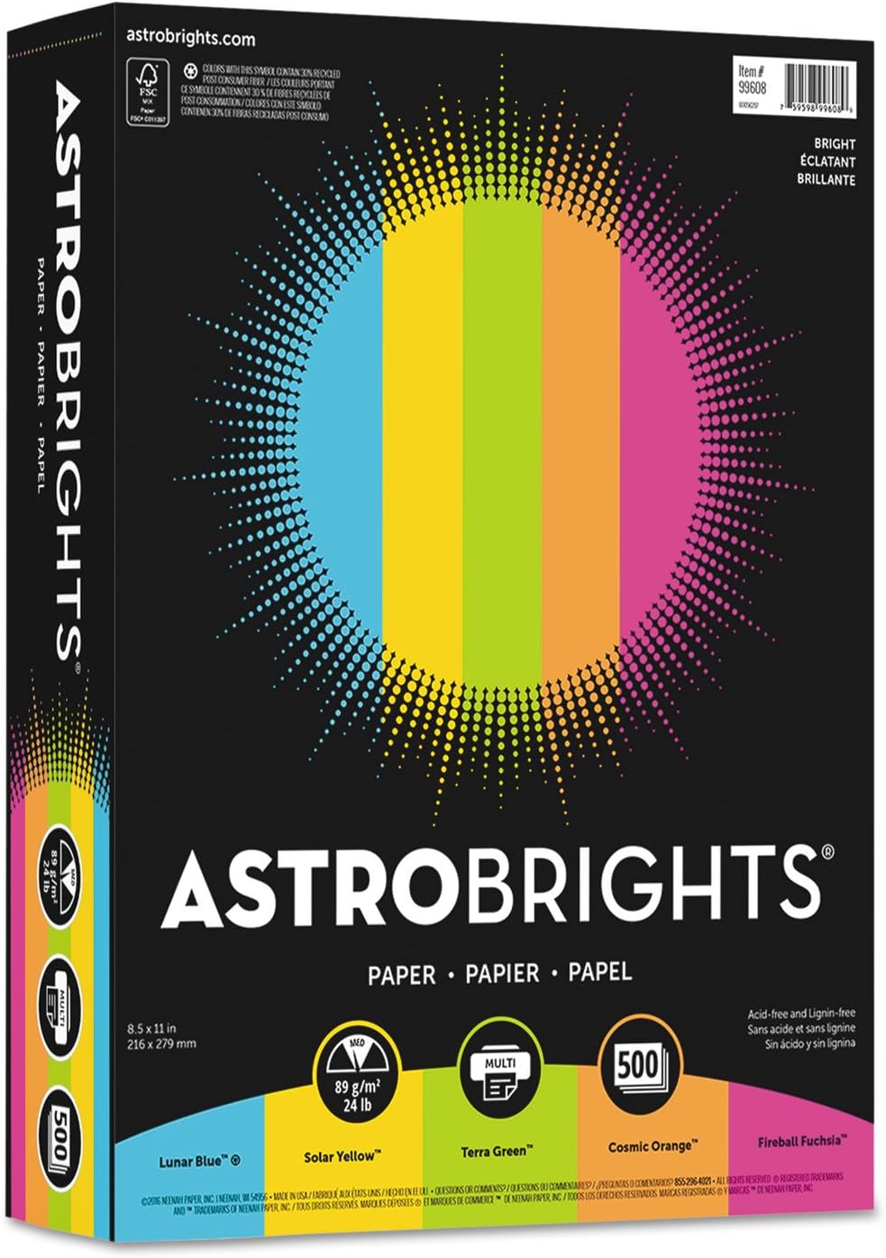 Neenah Astrobrights® Bright Color Paper, Letter Size Paper, 24 lb, Assorted Colors, 500 Sheets 500 Count (Pack of 1) Brights