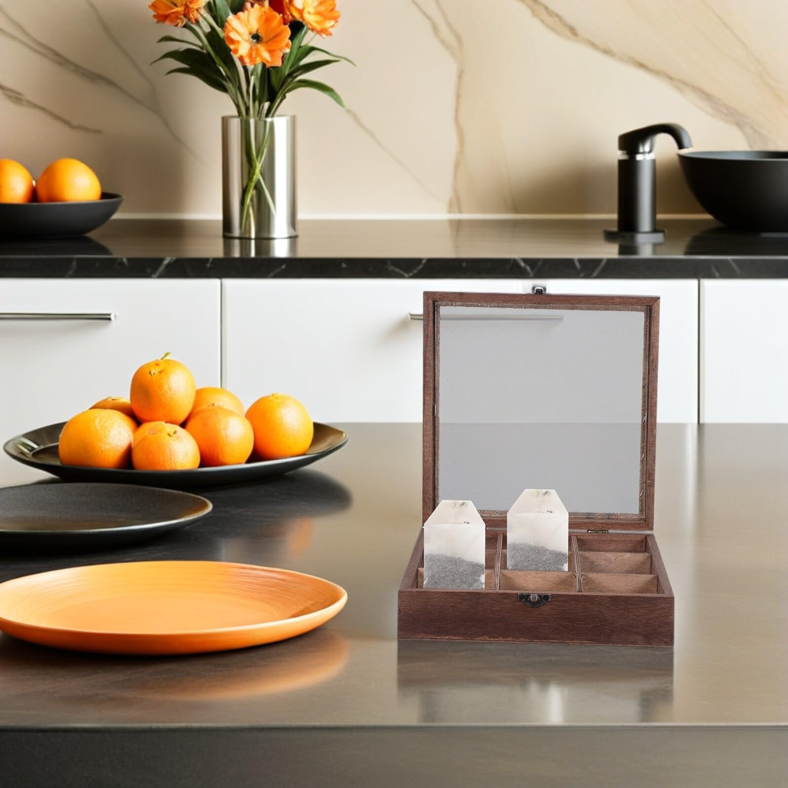 NUOBESTY Organisateur de Sachets de Thé 12 Compartiments en Bois Noyer, Boîte à Thé Compartimentée 23 X 23 X 6 Cm, Rangement Compact Cuisine et Bureau avec Fenêtre D’accès Rapide