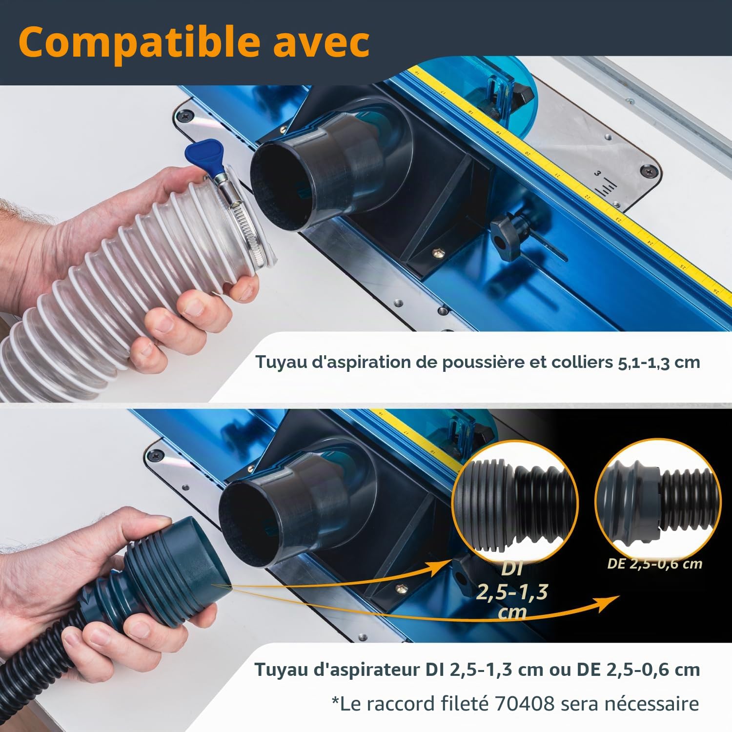 POWERTEC 70288 Embout de défonceuse pour table de défonceuse – Tuyau de collecte de poussière 2-1/2" connecteur