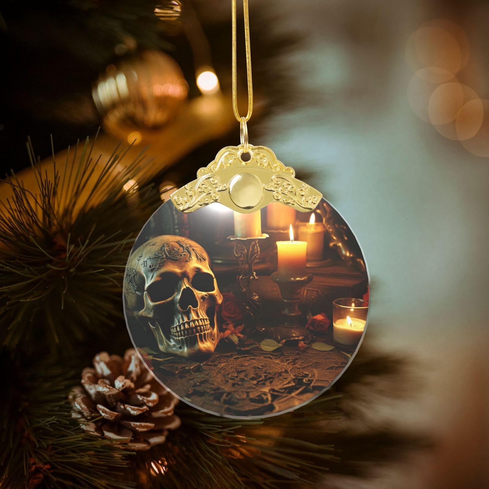 Crystal Christmas Ornaments for Christmas Tree Decoration Hanging Candles and Scary Skull Ornament with Gold Ribbon Crafts Round Pendant for Keepsake Gifts Glass Xmas Decor Party Supplies