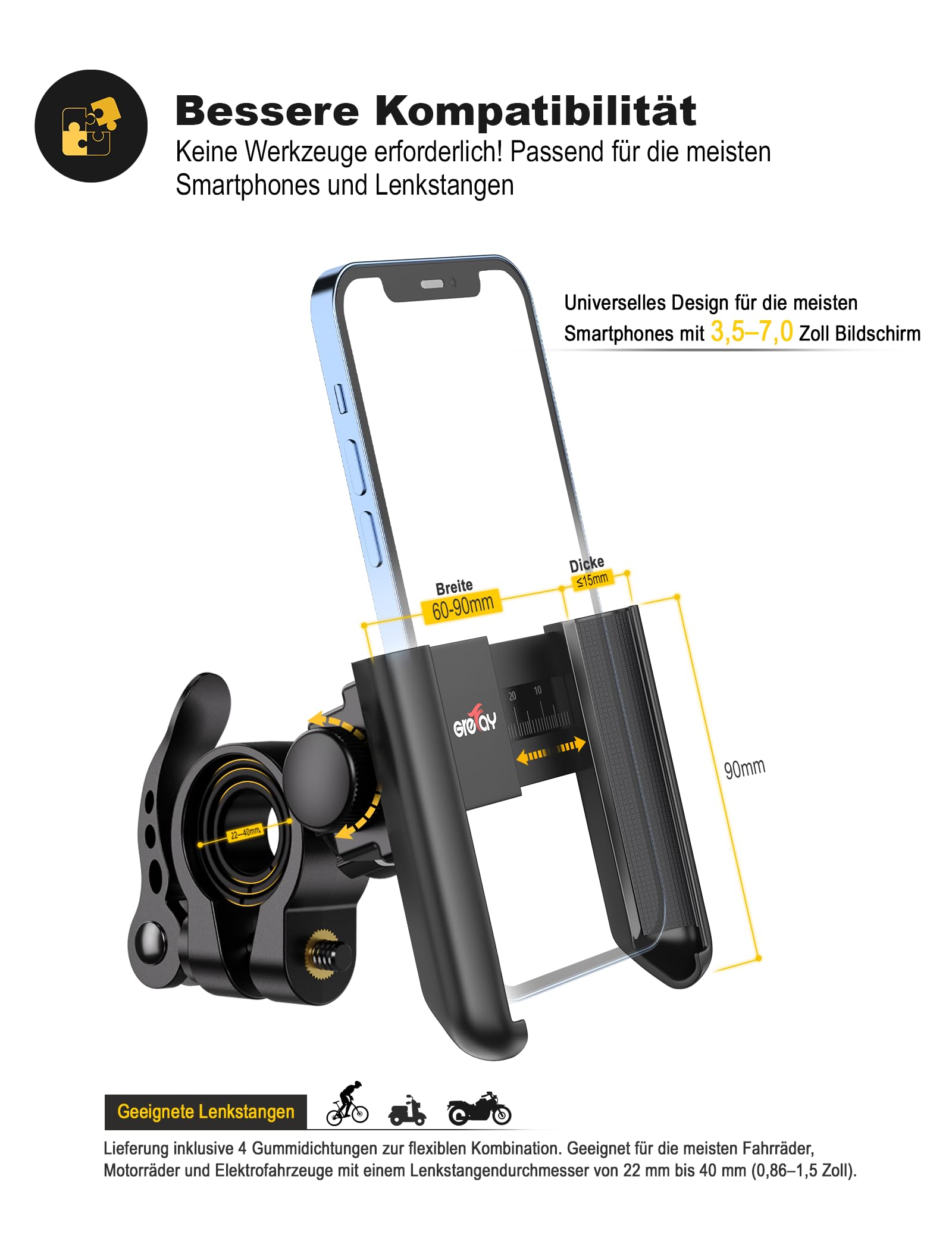 Grefay Handyhalterung Fahrrad Universal Motorrad Handyhalter 【1S Schnelle Demontage】 Handyhalterung für Rennrad MTB Scooter Mit 360 Drehen für 3,5-7,0 