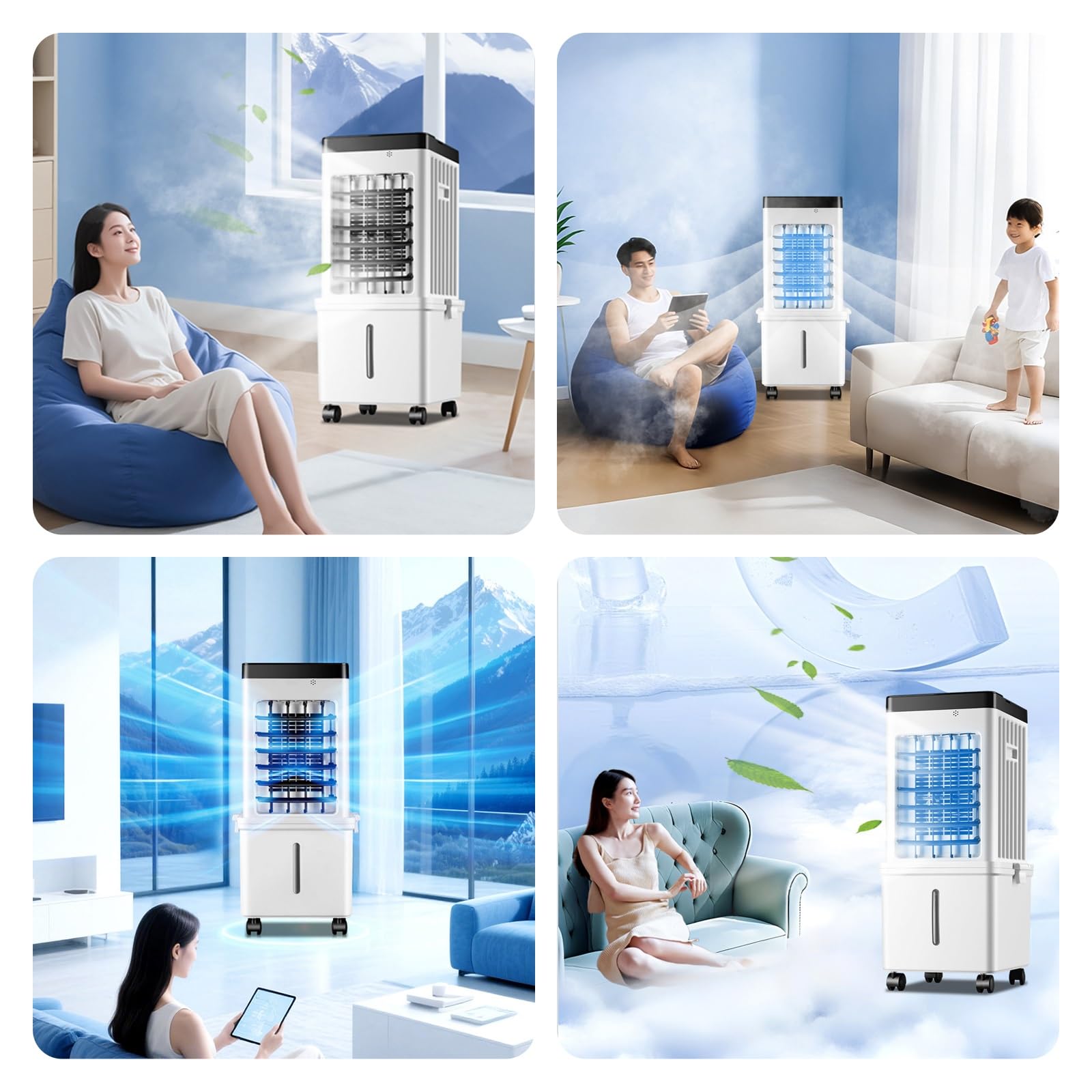 Enfriador de Aire 15L con 4 Bloques de Hielo, Climatizador Evaporativo Portátil 3 Velocidades para Casa Oficina Dormitorio, Oscilación 90°