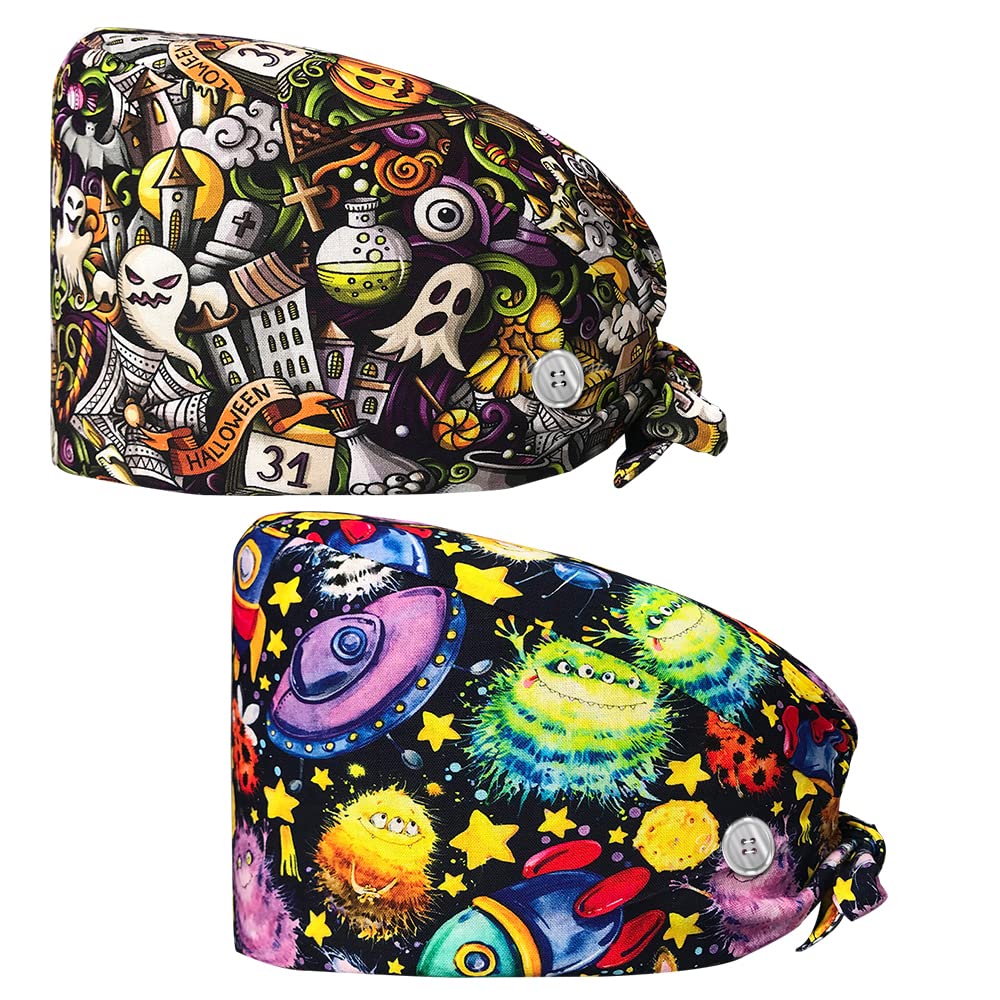 niaahinn 2 Pieces Hospital Work Caps with Buttons Adjustable Sweatband Head Hair Covers Unisex Tie Back Hats Variety of Styles (22210-22211)