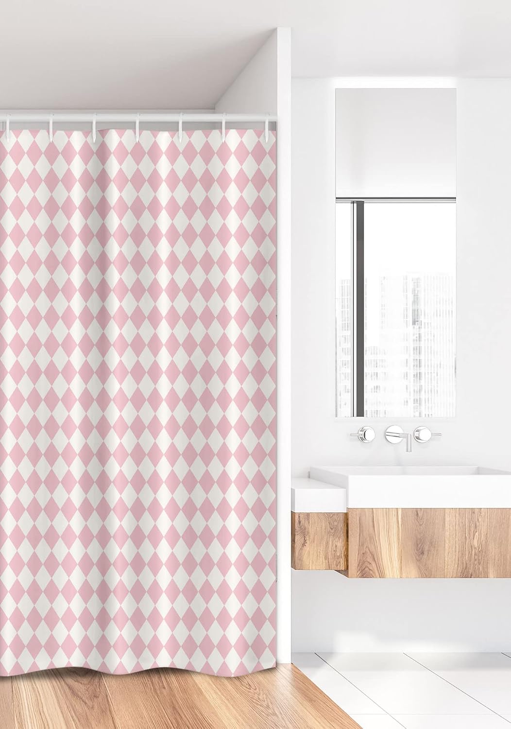 Lunarable Geometric Stall Shower Curtain, Checked Pattern White Squares on Pale Pink Backdrop Soft Colors Retro, Fabric Bathroom Decor Set with Hooks, 36" W x 72" L, White and Pale Pink