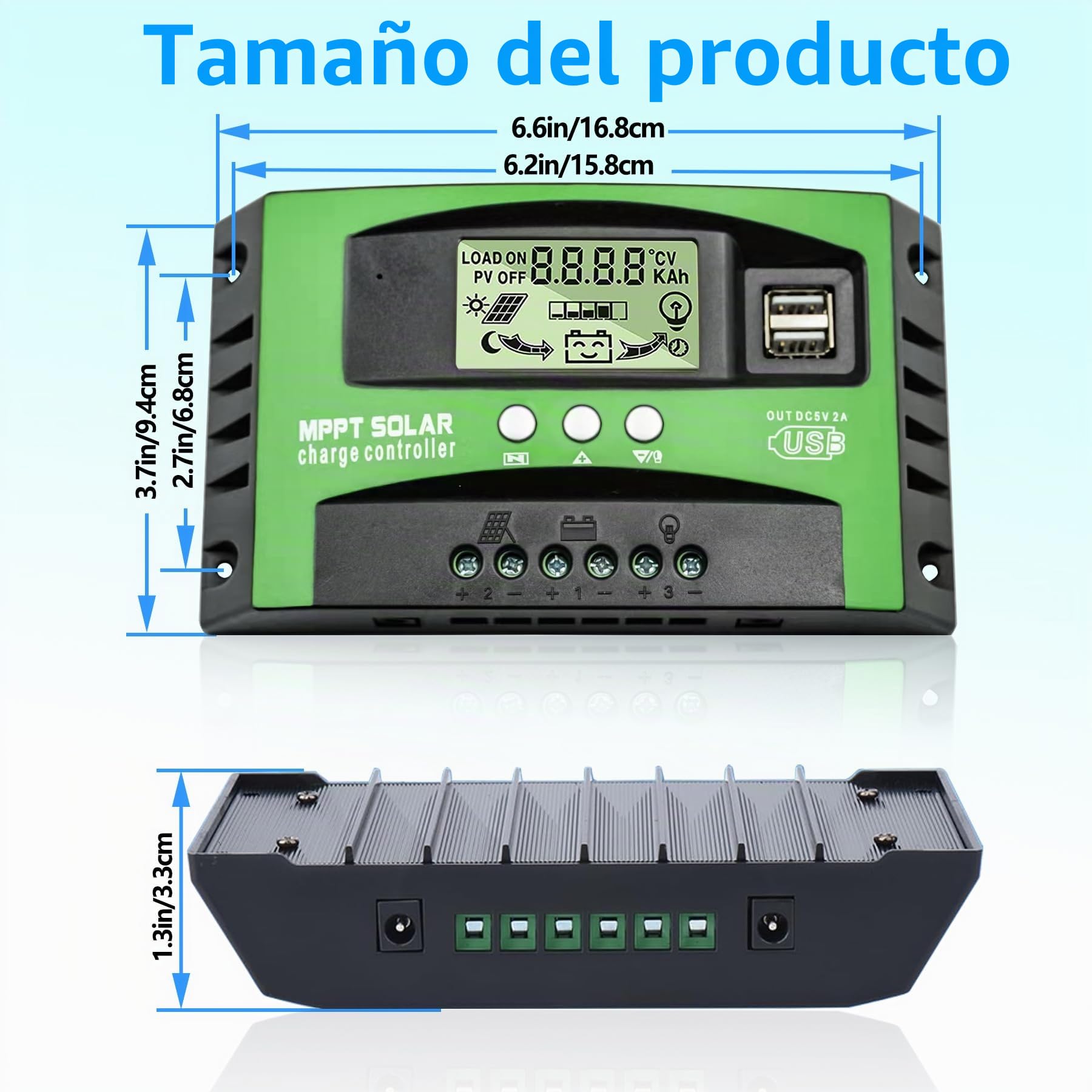 MPPT 100A Controlador de Carga Solar 12V 24V Automático, MPPT 100A Regulador de Carga Solar con Sensor Temperatura LCD Pantalla 2 puertos USB, para Apto 12V 24V Plomo ácido y Litio Baterías