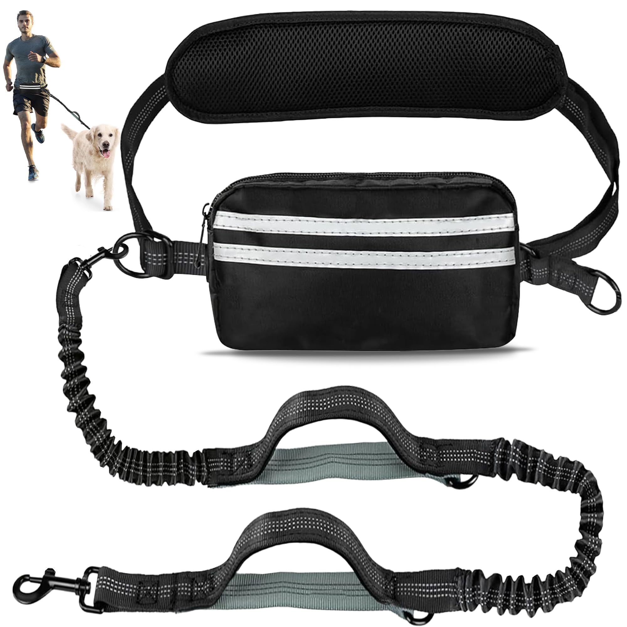 Exquilnova Hands Free Dog Lead with Waist Bag,Double Dogs Leads with Reflective Stitches,Adjustable Waist Belt,Dog Running Belt for Samll Medium Large Dogs Running,Walking,Jogging,Hiking(For 1 Dog)