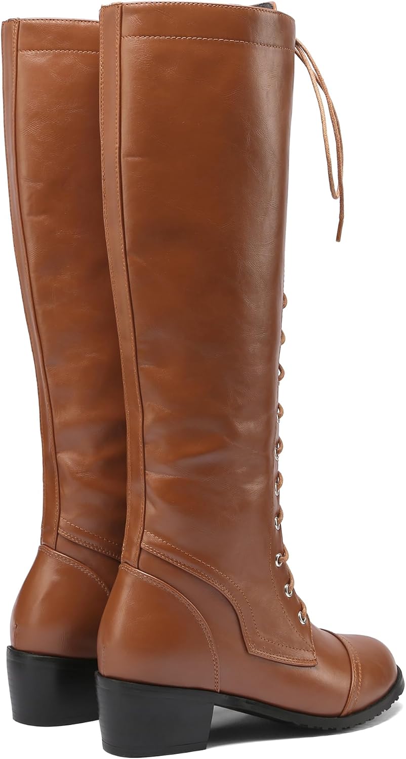 BEAUPAS Women's Knee High Combat Boots Lace Up Low Heel Military Tall Boots(Brown PU,8)
