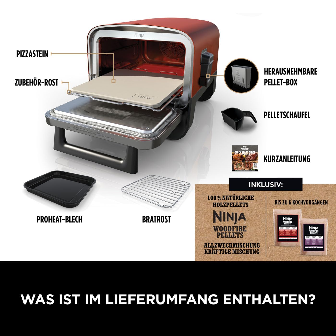 Ninja Woodfire Outdoor-Ofen, 8-in-1-Pizza- Ofen, BBQ-Smoker mit Bratrost, OO101EU + verstellbarer Ständer und Beistelltisch 4718J800EUUK