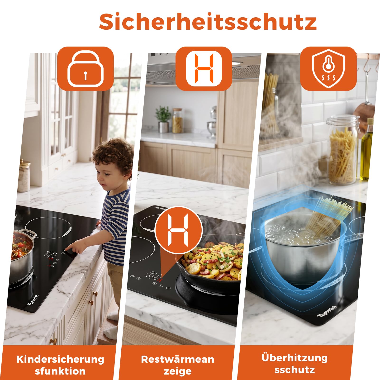 Topwish Induktionskochfeld, Induktionskochfeld 4 platten | Herdplatte 4 kochfelder, Kochfeld induktion mit Kindersicherung, Boost, Touchsteuerung, Restwärmeanzeige, 7200W
