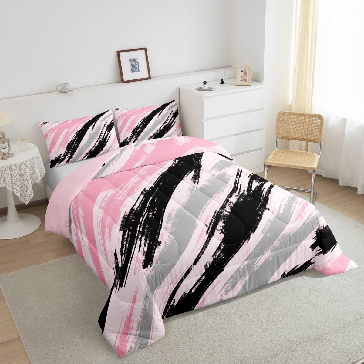 jejeloiu Girls Pink Striped Bedding Set Full Size Kids Abstract Geometric Comforter Set for Women Teens Modern Art Duvet Quilt Breathable Soft Lightweight Microfiber Room Decor