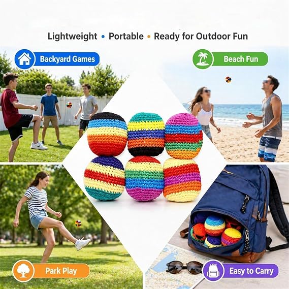 6/12/24PCS Knitted Hacky Sack Set, Hacky Sack Knitted Footbags, Crochet Kick Bags for Adults & Ks, 2026 Upgraded Colorful Juggling Footbag for Outdoor Party Game, Handwoven Toss Pack