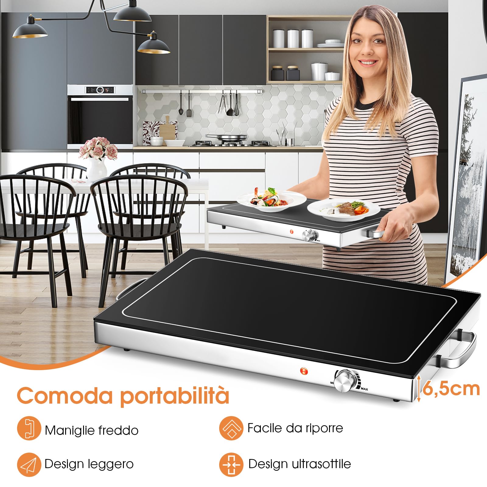 GYMAX Vassoio Scaldavivande Elettrico, Scaldavivande con Temperatura Regolabile in Acciaio Inox, Scaldavivande per Buffet con Superficie in Vetro e Maniglie Fredde, 56 x 36 cm