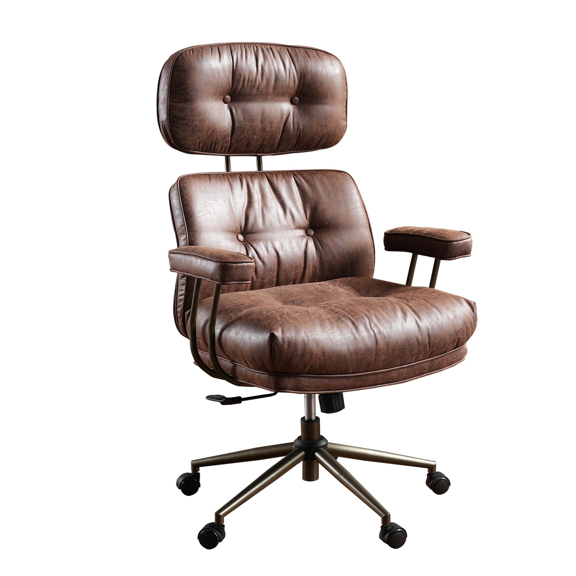 ovios Ergonomic Home Office Chair, Mid-Century Modern Faux Leather Chair with Lumbar Support, High Back Swivel Rolling Executive Chair with Comfy Thick Cushion (Dark Brown, Faux Suede Leather)