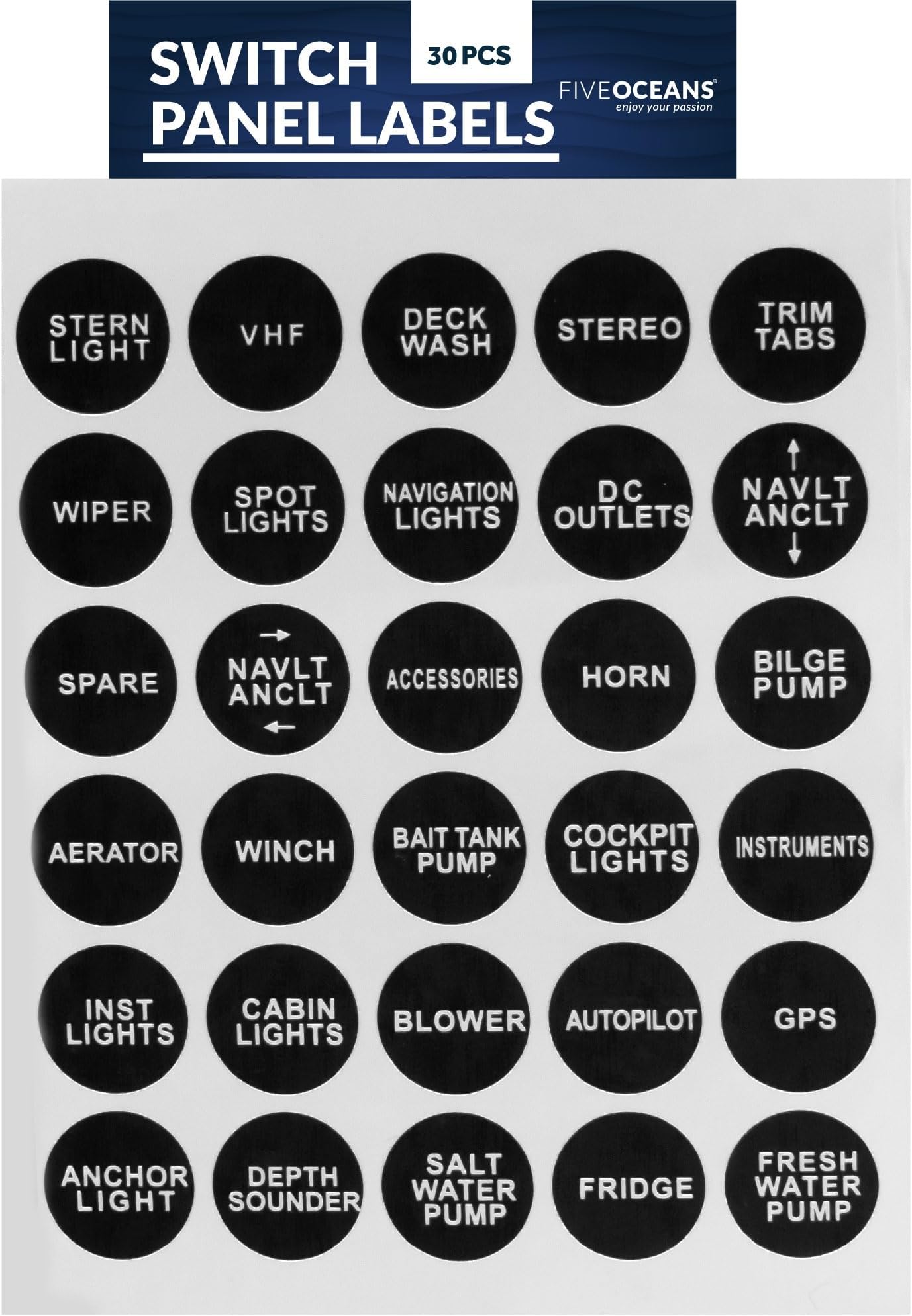 Five Oceans Switch Instrument Panel Decal Extended Label Kit for boat, car, truck, rv, or caraven - Stickers for fuse or switch descriptions - BC-3928