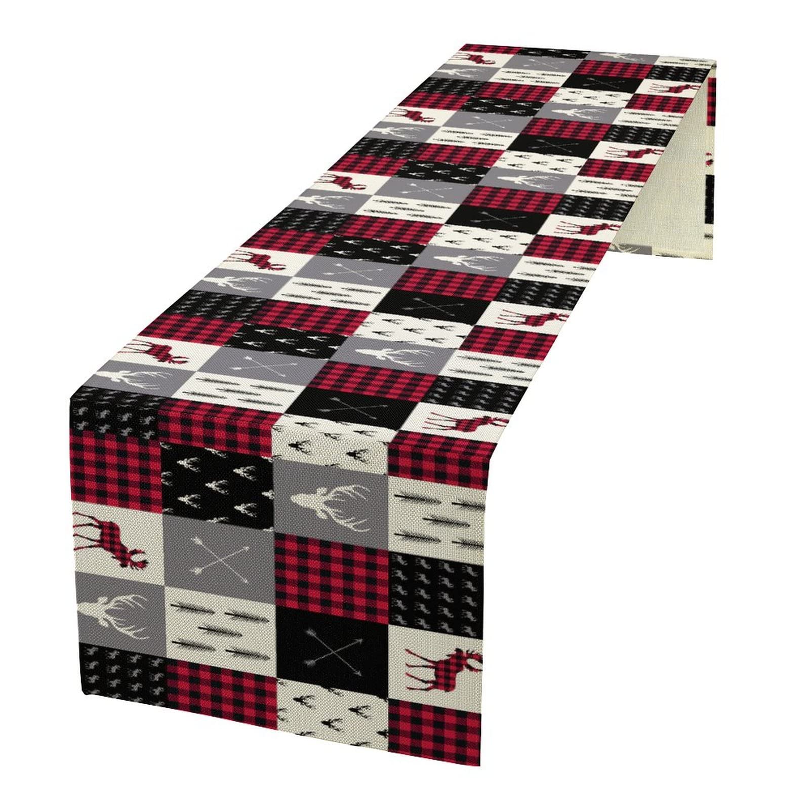 Moose Deer Buffalo Plaid Table Runner, Vintage Pine Tree Elk Patchwork Country Farmhouse Style Dinner Table Decoration for Home Kitchen Dining 13"x70" — image 1