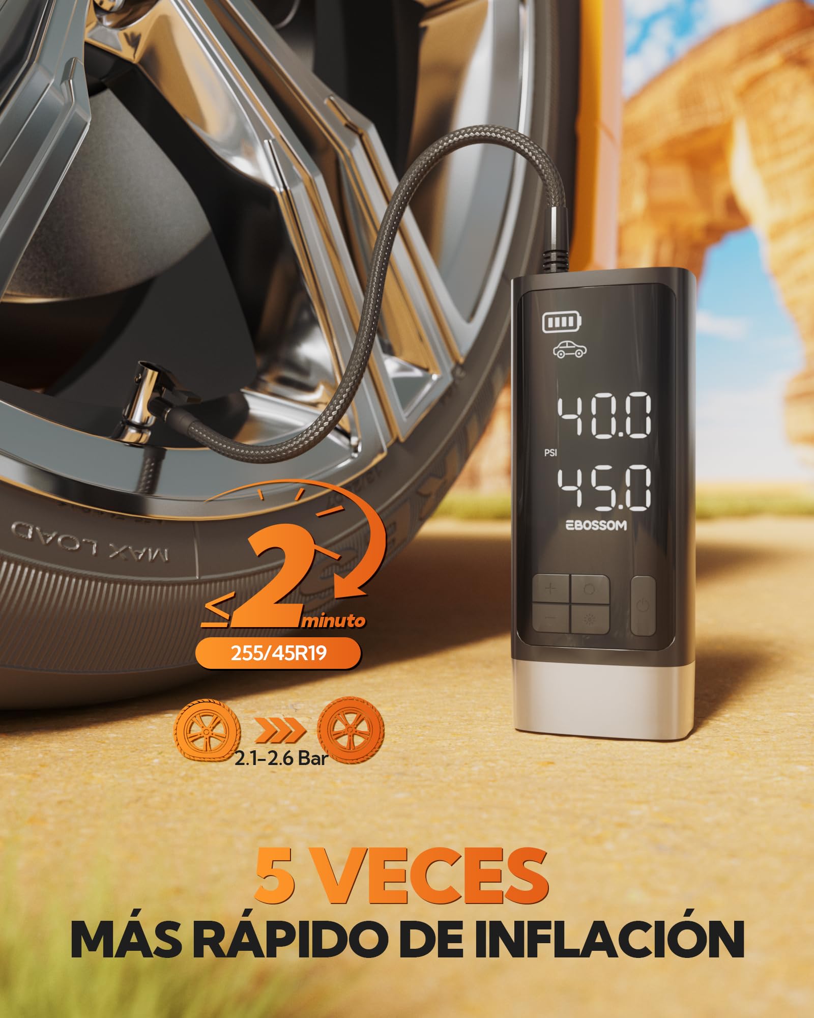 Compresor Aire Portátil, Inflador Ruedas Coche 10,3Bar, Bomba De Aire Multifuncional Con Motor Bicilíndrico, Kit De Emergencia Para Vehículos Grandes, Pickups, Motos. Con Iluminación LED