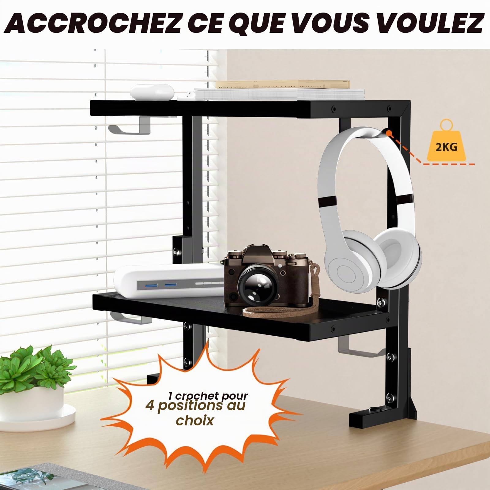 PUTORSEN Organisateur de Bureau à Pince de 15 Pouces, Étagère de Table à 2 Niveaux Au-Dessus ou en Dessous avec Espace Personnalisé pour Les Accessoires de Bureau, etc, Etagere Cuisine, Noir