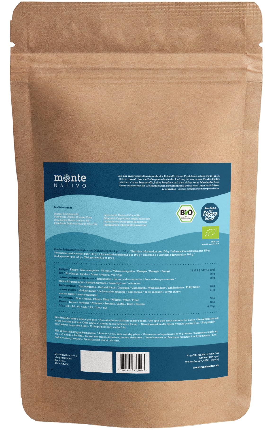 Organiczna mąka kokosowa Monte Nativo 1 kg (1000g) – Bezglutenowa alternatywa dla mąki pszennej – idealna do chleba, wypieków i ciast – Subtelny orzechowo-słodki smak