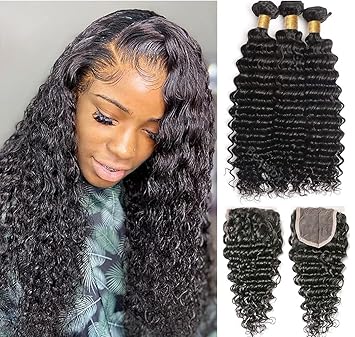 Beaufox Brazilian Hair Deep Wave 3 bundles With Lace Closure Virgin Hair Unprocessed Natural Color Can Be Dyed and Bleached (16 18 20 + 14, Natural Color) ...