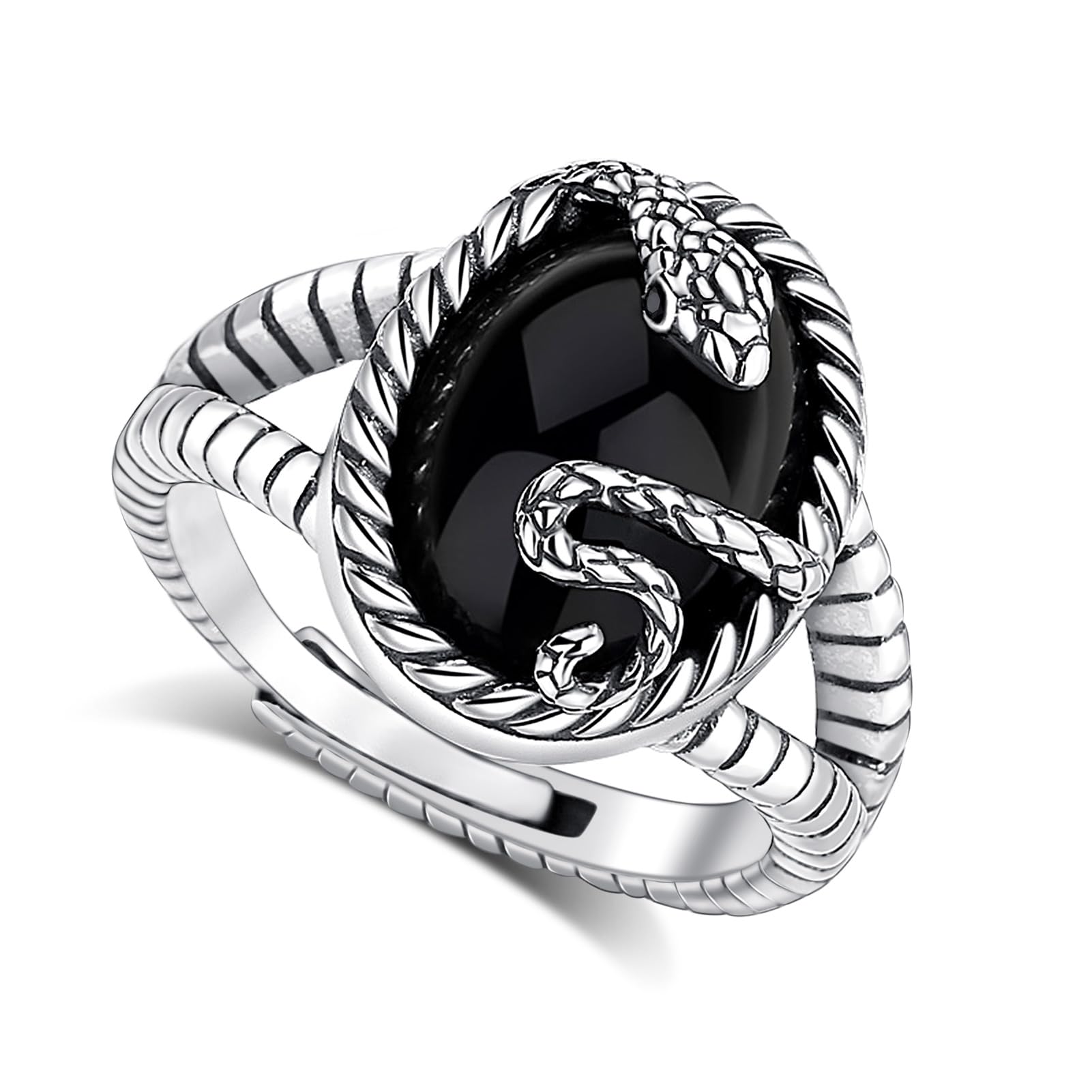 AEONSLOVE Anillo Dragón/Calavera Gótica Ajustable Plata de Ley 925 para Hombre Mujer, Anillos Runas Vikingas con Vegvisir Abiertos, Anillo Serpiente Obsidiana/Tetragramaton Pentagrama Vintage