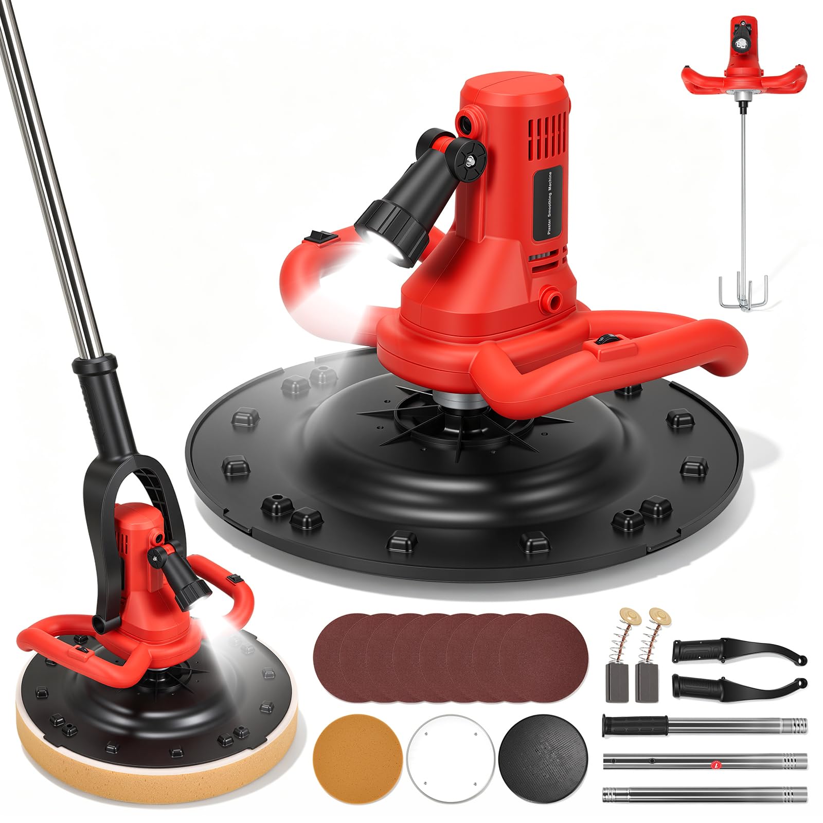 Levigatrice Per Intonaco, 2 In 1 Betoniera 1680W Elettrica Levigatrice con Asta Telescopica Per Muri 6 Velocità Mola Ø380 mm Illuminazione LED Malta Cementizia Per Calcestruzzo Frattazzo Intonacatrice