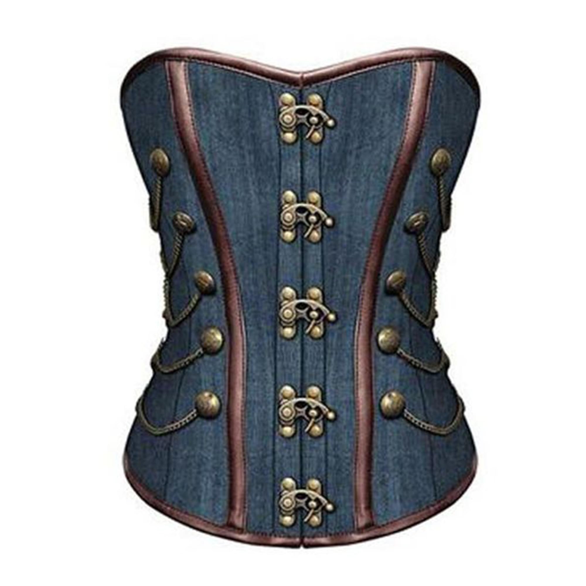 CorsetsNmore Womens Blue Denim With Brown Leather Stripes Steampunk Plus Size Overbust steel Boned Corset Top