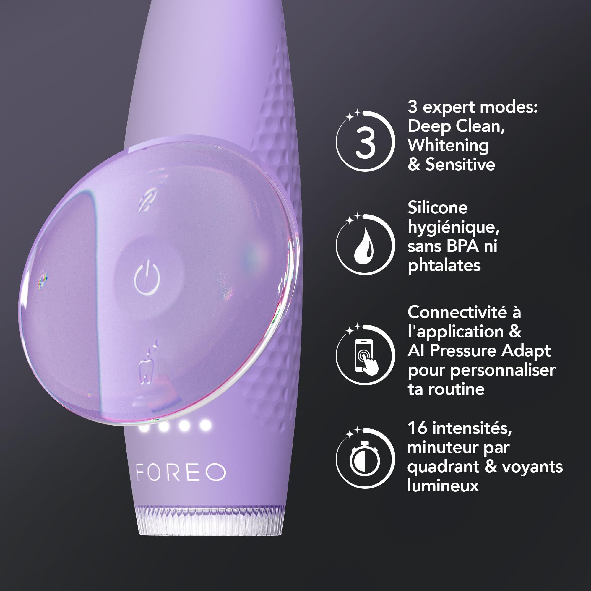 FOREO ISSA 4 Plus Sonic Electric Toothbrush - 4-in-1 AI-Guided Rechargeable Toothbrush Bundle with Extra Silicone & Polymer Hybrid Brush Head, Soft Bristles, Whitening Teeth - Lavander