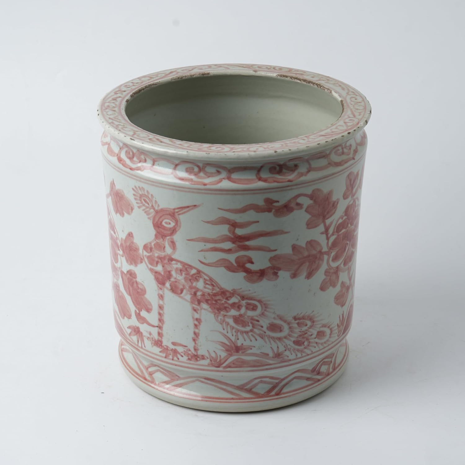 Antique Hand-Painted Flower and Bird Porcelain Pen Holder Old Style Ceramic Planter 9.7 Inch Large Plants Vase Blue & White Porcelain Silla Flower Plant Pots (Pink)