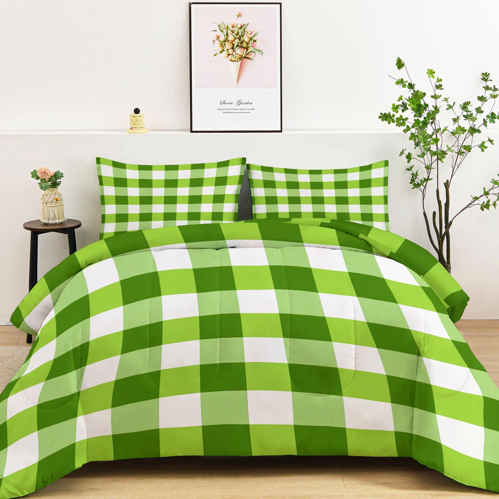 Geometryczna kołdra z zieloną siatką, zestaw 200 x 200 cm, super miękka biało-zielona kołdra puchowa 3-częściowa kołdra puchowa na wszystkie pory roku, dla dzieci, chłopców, dziewcząt