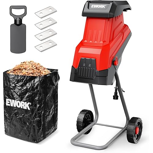 EWORK 15-Amp Electric Wood Chipper Shredder, Brushless Motor, 15:1 High Reduction Ratio with 4 Steel Blades Included, 1.77 Inch Capacity, Garden Mulcher for Composting Branches and Twigs