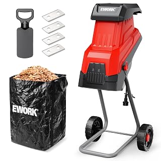 EWORK 15-Amp Electric Wood Chipper Shredder, 15:1 High Reduction Ratio with 4 Steel Blades Included, 1.77 Inch Capacity, Garden Mulcher for Composting Branches and Twigs - Amazon product rated Grade A