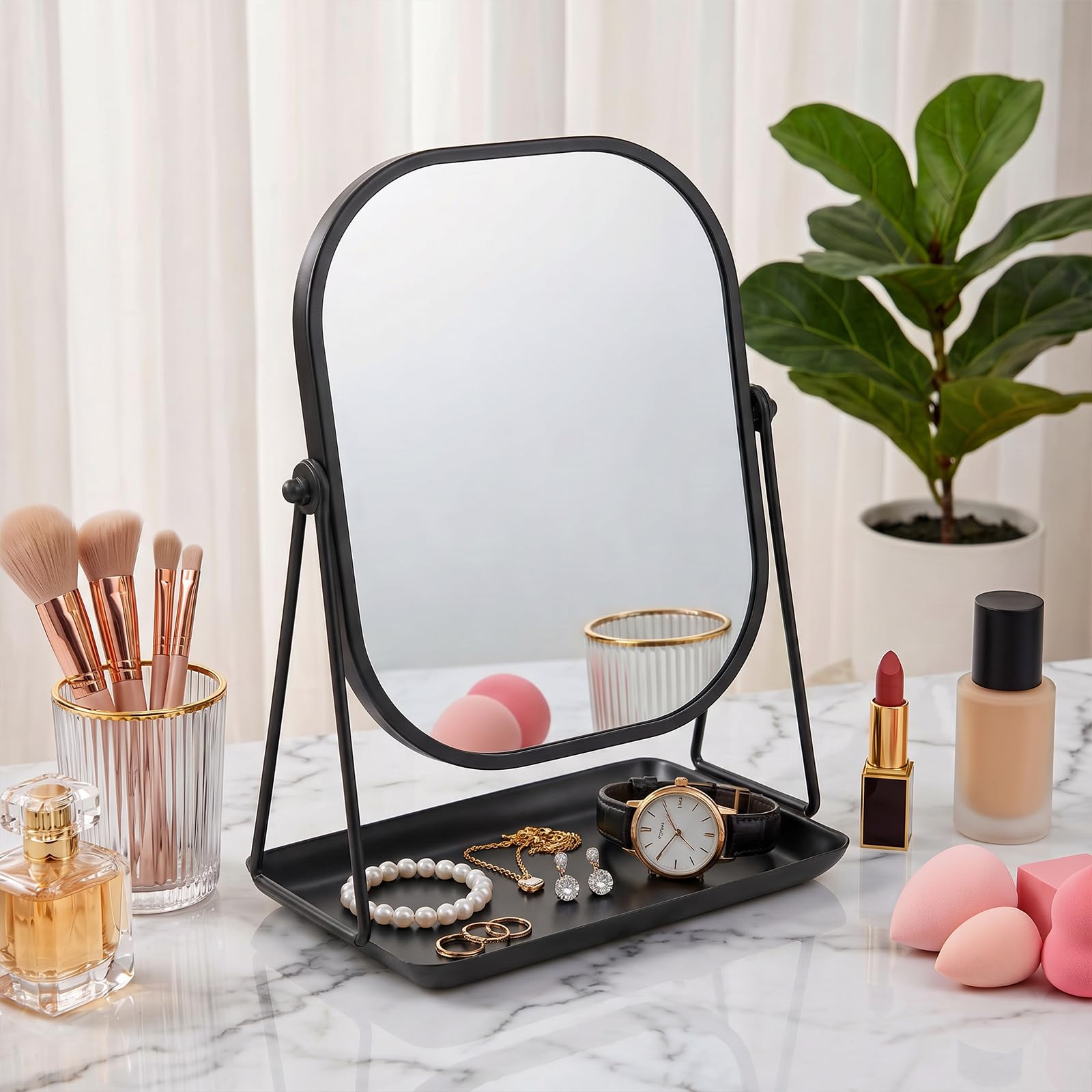 JTOOYS Makeup Mirror with Stand - 360° Rotating Vanity Mirror Black Framed Metal Bathroom Mirrors with Storage Tabletop Cosmetic Mirror for Living Room, Bedroom, Tabletop
