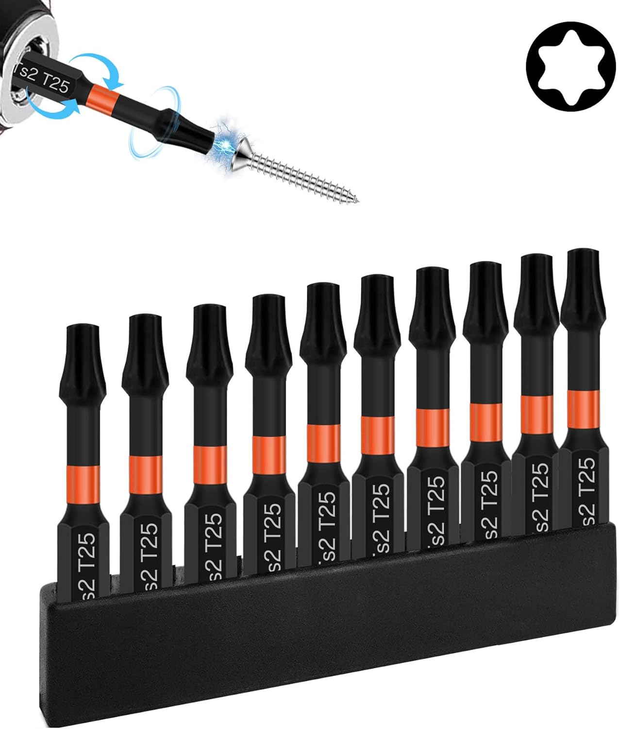 Magnetic Drill Bits-T25-Torx Bits for Impact Driver, S2 Steel Construction, 10-Pack for Fastener & Woodworking Projects