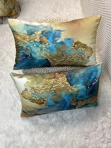 Miniatura 10 de Jasfura Juego de 4 fundas de almohada de color dorado verde azulado para otoño 20 x 20 pulgadas de terciopelo suave con estampado de doble cara