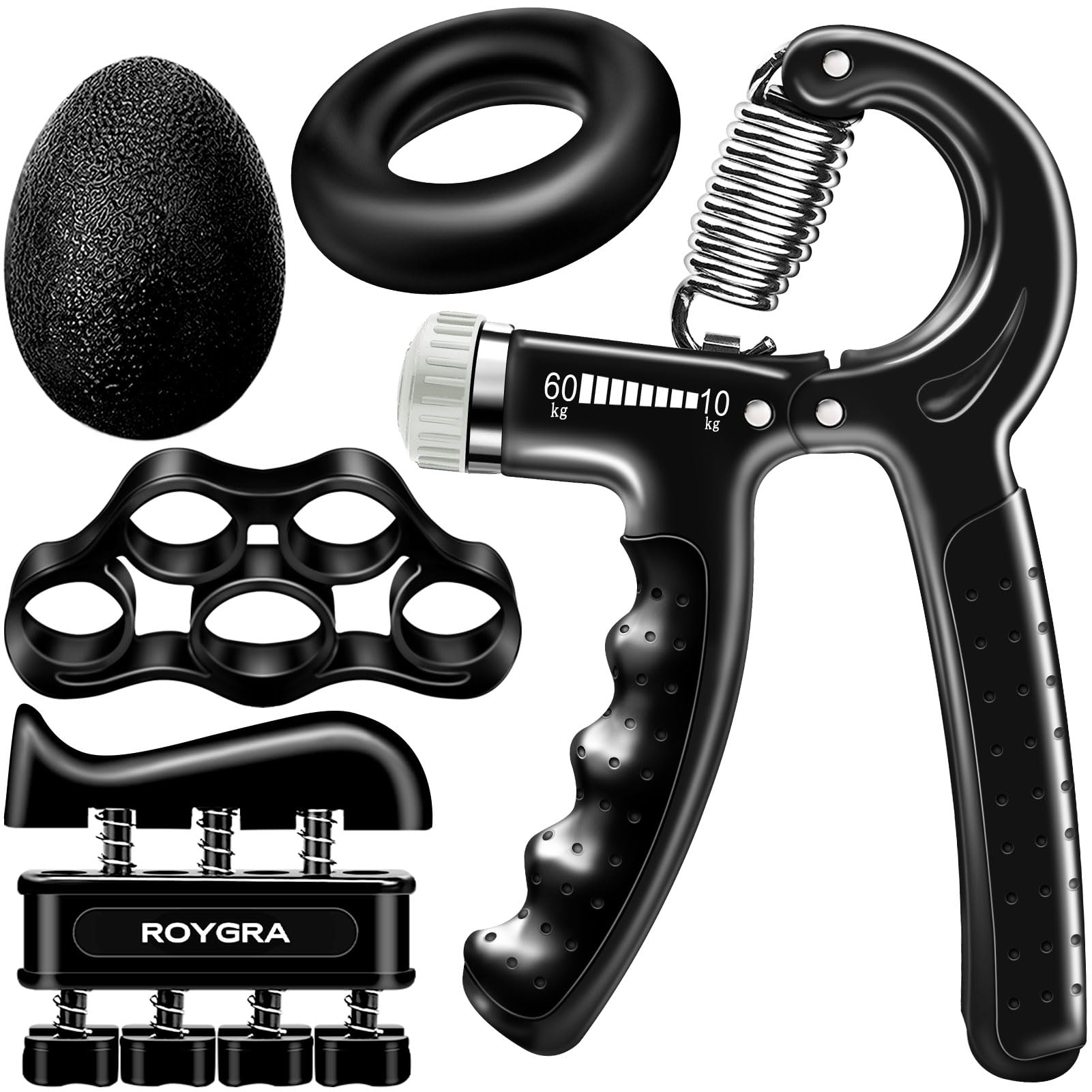 roygra Grip Strength Trainer, Forearm Workout, Hand Exerciser, Finger Strengthener - 5 Pack