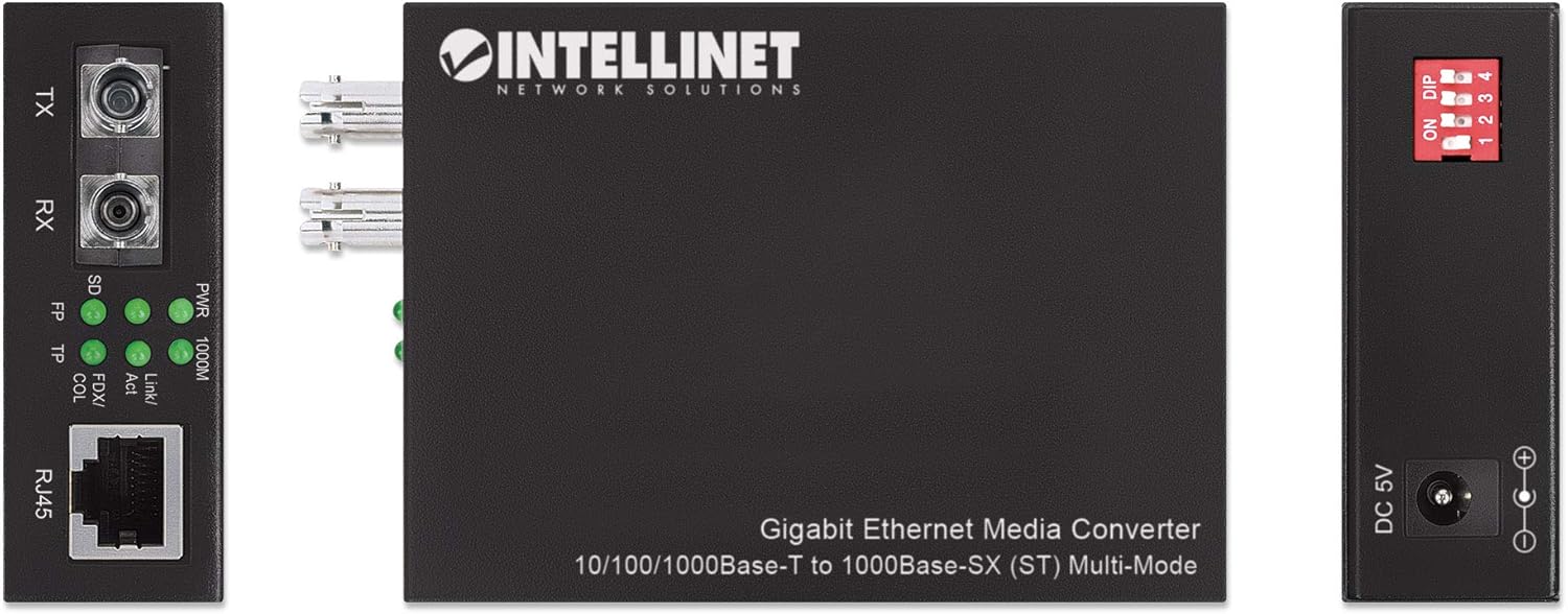 Intellinet Multimode ST Gigabit Ethernet Fiber Media Converter, Autonegotiation, 10/100/1000Base-T to 1000Base-SX, up to 1,800 ft., 850 nm, 3 Yr Mfg Warranty, 508315