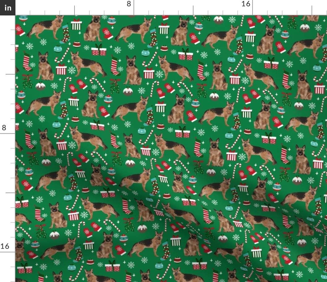 Spoonflower Fabric - German Shepherd Christmas Dogs Breeds Candy Canes Xmas Presents Green Printed on Petal Signature Cotton Fabric by The Yard - Sewing Quilting Apparel Crafts Decor