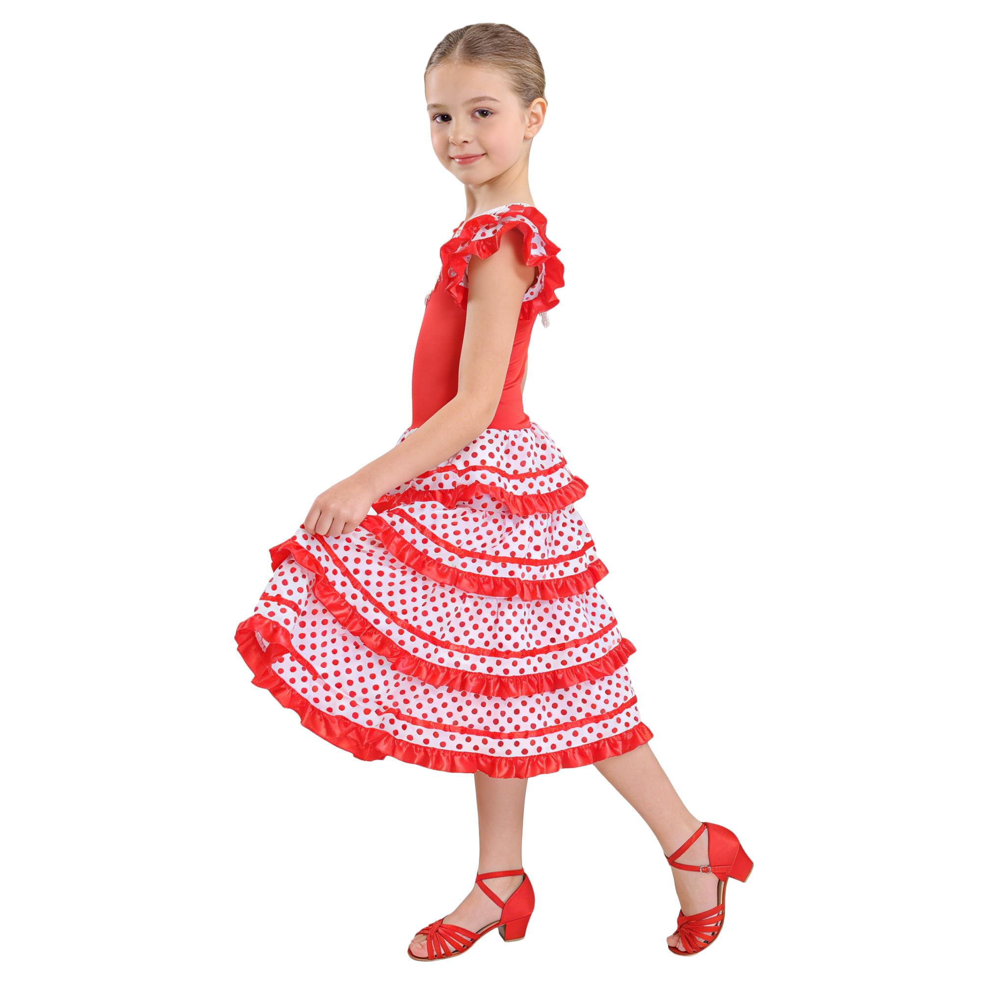 Wildarms Disfraz de Sevillana Niña - Vestido Flamenca Infantil con Volantes y Lunares - Traje Tradicional Andaluz para Feria, Carnaval y Baile — view 4